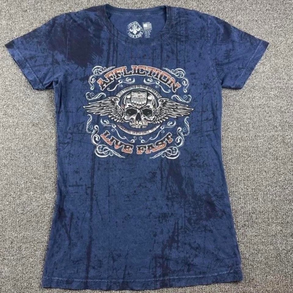 Y2K Affliction Shirt Blue Tie Due Live Fast Stretch Designer Womens size XL